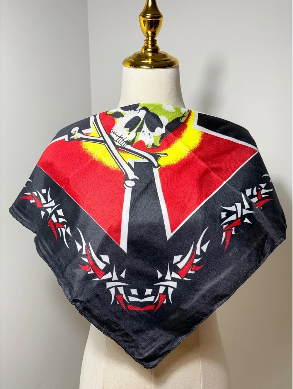 Square Skull and Crossbones Scarf in Red, Black, and Yellow – New Without Tags